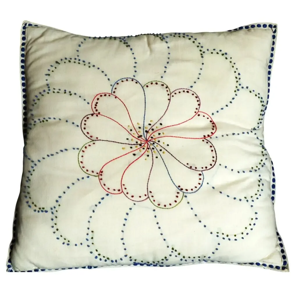 Vintage 70s Needlepoint Square Pillow Flower Handmade Cottagecore Boho Hippie
